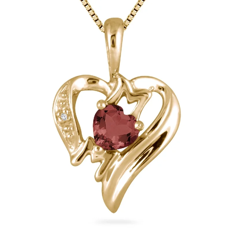 fashion statement necklace -Garnet and Diamond Heart MOM Pendant in 10K Yellow Gold