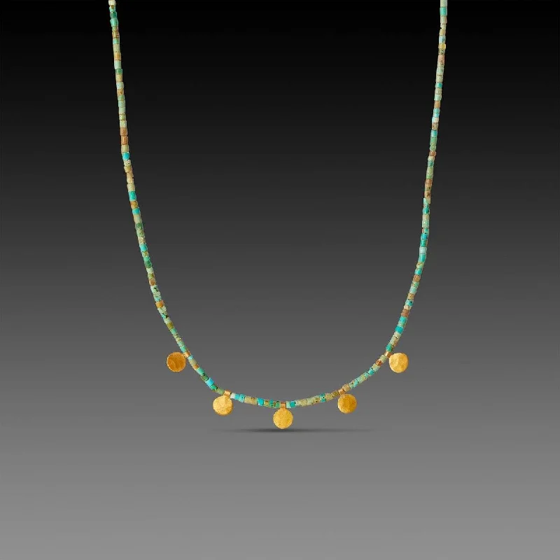 adjustable chain necklace -Gold Disk and Turquoise Beaded Necklace