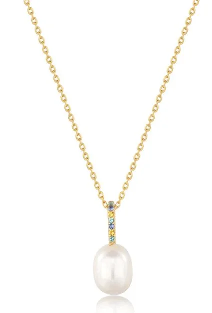 gold chain choker necklace -Gold Gem Pearl Drop Pendant Necklace