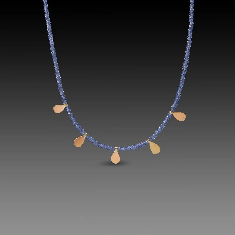 coin pendant necklace -Sapphire Beaded Necklace with Gold Teardrops