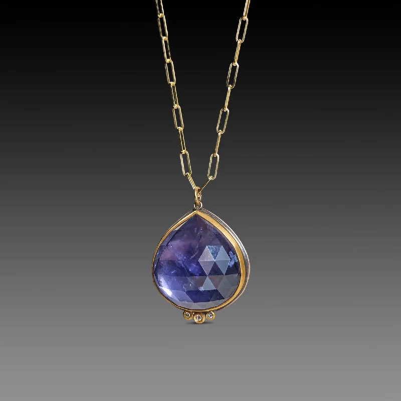 leather necklace with pendant -Iolite Teardrop Necklace with Diamond Trio