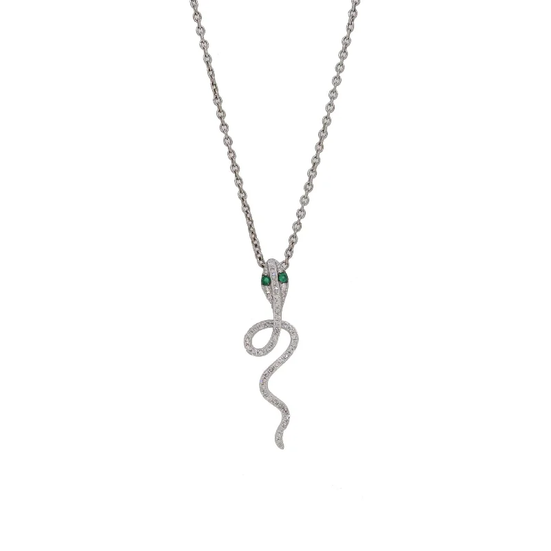 silver heart pendant necklace -Joelle Diamond & Emerald Snake Necklace Pendant 14K White Gold 1/6 ct