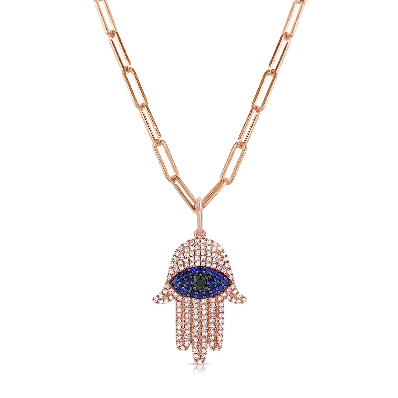 turtle pendant necklace -Joelle Diamond Hamsa Necklace Hand of God 14K Rose Gold on 18-inch Paperclip Chain