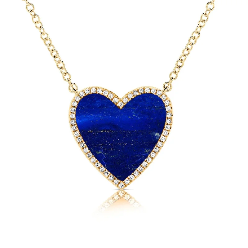 gemstone pendant necklace -Joelle Lapis & Diamond Pave Heart Necklace 14K Gold