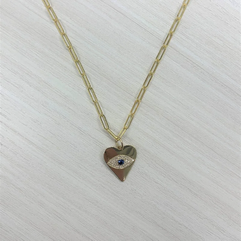 shell necklace for beach -Joelle Sapphire & Diamond Evil Eye Heart Necklace 14K Yellow Gold on 18-inch Paperclip Chain