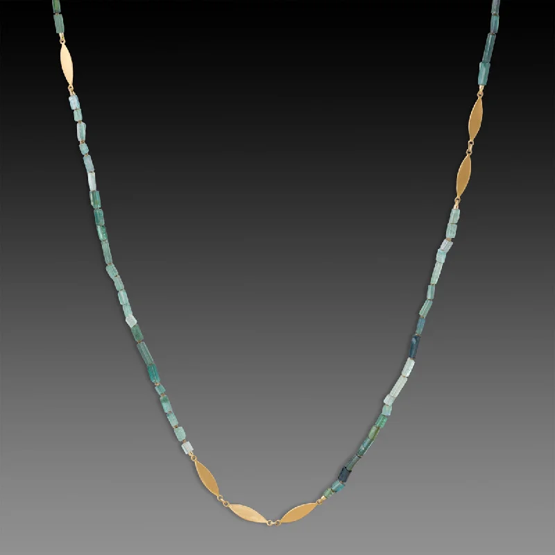 boho style necklace -Long Ombre Tourmaline Necklace with 22k Leaves