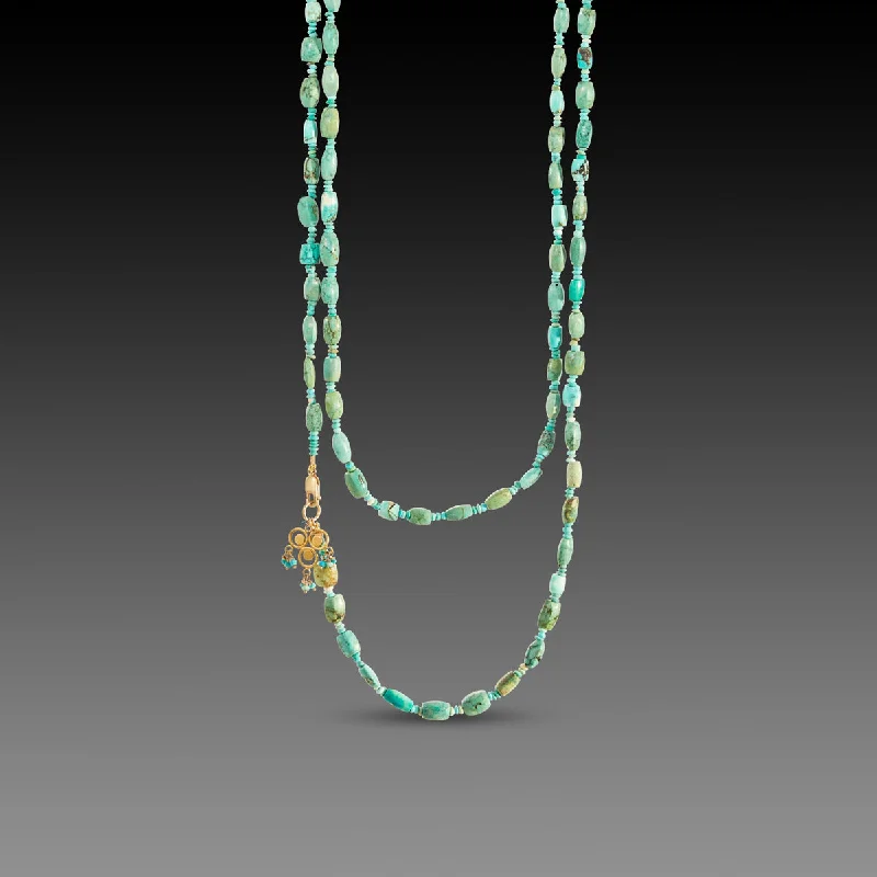 tribal necklace for women -Long Turquoise Necklace with Gold Trio Charm