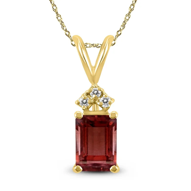 rose quartz pendant necklace -Marquee 14K Yellow Gold 8x6MM Emerald Shaped Garnet and Diamond Pendant