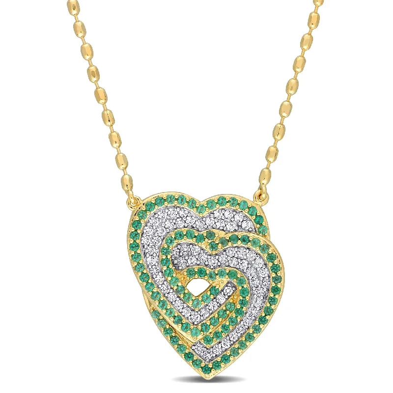 rose gold heart necklace -Miadora 1 2/5ct TGW Created White Sapphire Created Emerald Heart Necklace Yellow Silver