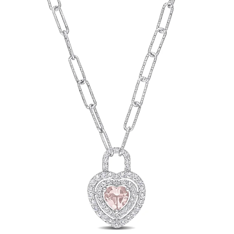 sapphire pendant necklace -Miadora 1 3/8ct TGW Morganite Created White Sapphire Heart Necklace Sterling Silver