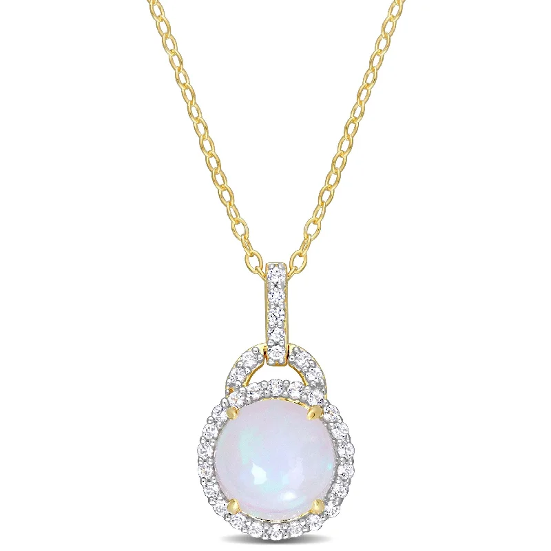 double layer necklace -Miadora 3 1/4ct TGW Blue Ethiolian Opal White Topaz Halo Necklace Yellow Silver