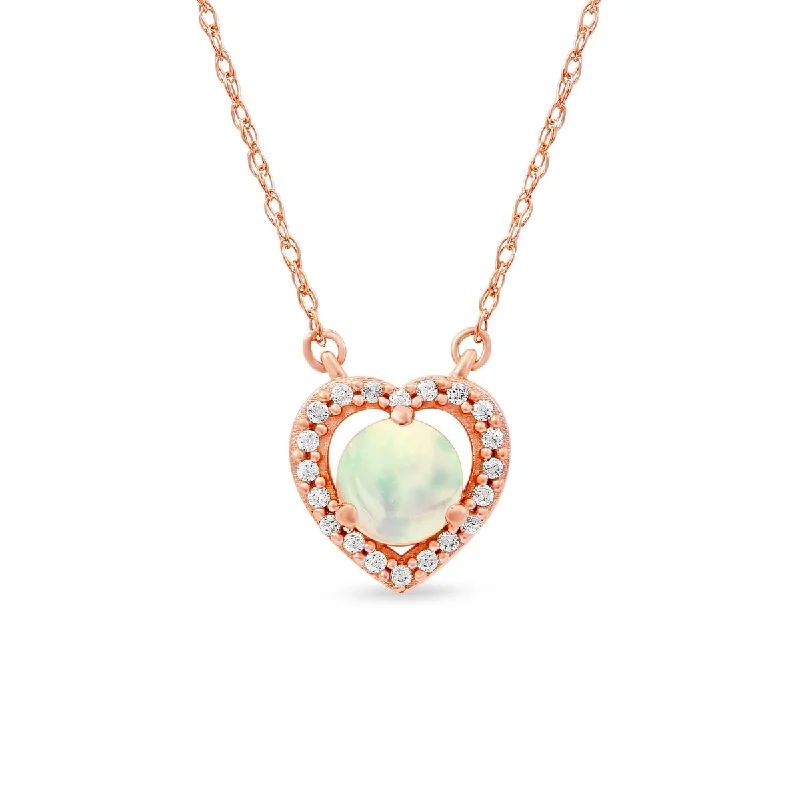 birthstone necklace for girlfriend -Opal Gemstone 1/10ct TDW Diamond Halo Pendant Necklace in 10k Rose Gold