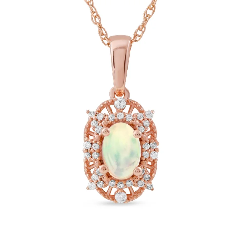 personalized pendant necklace -Opal Gemstone 1/10ct TDW Diamond Halo Pendant Necklace in 10k Rose Gold