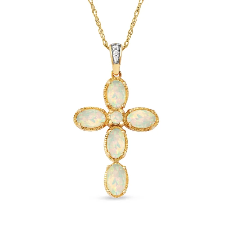 handcrafted necklace for women -Opal Gemstone 1/20ct TDW Diamond Cross Pendant Necklace in 10k Yellow Gold