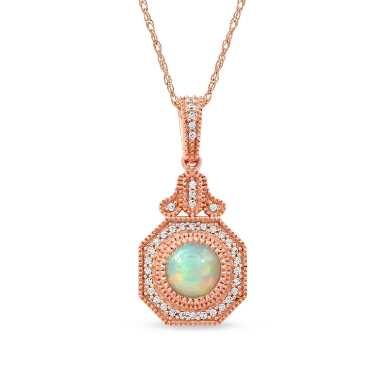 classic gold necklace -Opal Gemstone 1/8ct TDW Diamond Halo Pendant Necklace in 10k Rose Gold