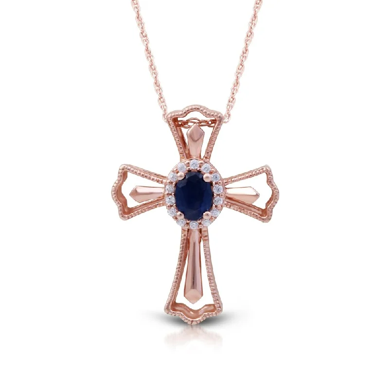 cute heart pendant necklace -Oval Sapphire Gemstone 1/20ct TDW Diamond Cross Necklace in 10k Rose Gold