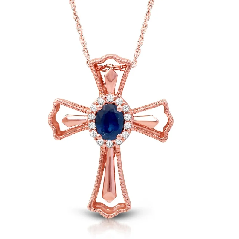 matching necklaces for couples -Oval Sapphire Gemstone 1/20ct TDW Diamond Cross Necklace in 10k Rose Gold