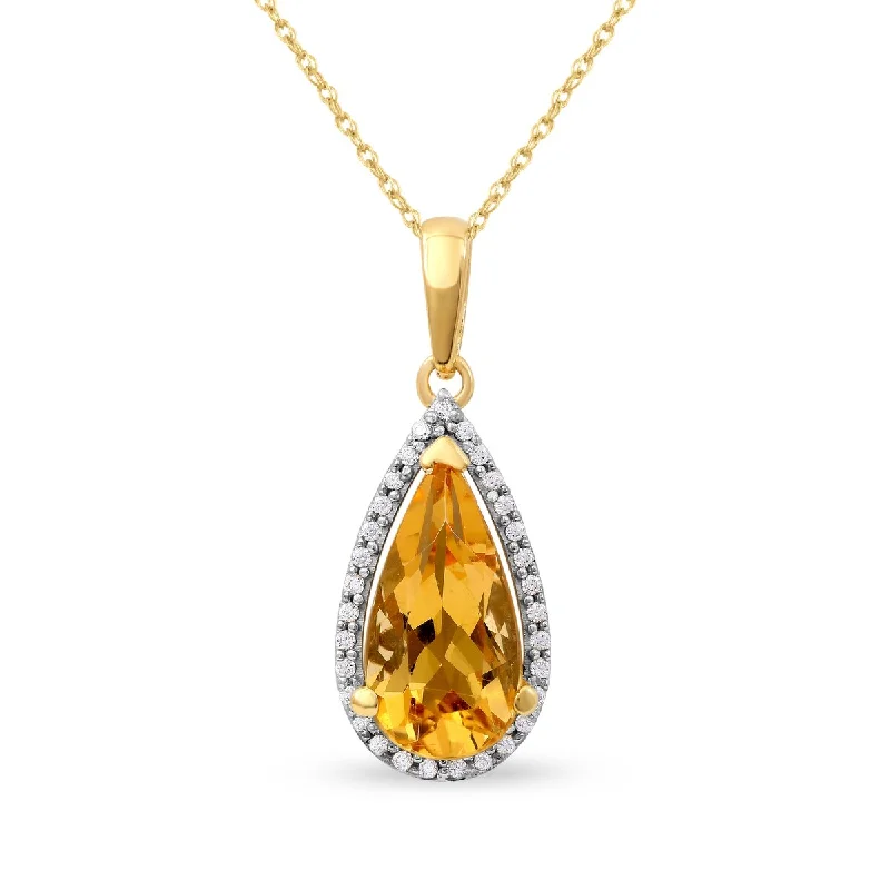 3D pendant necklace -Pear Shape Citrine Gemstone 1/10ct TDW Diamond Halo Pendant Necklace in 10k Gold