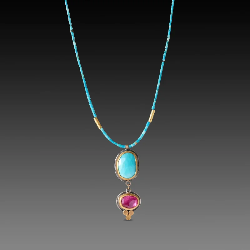 zodiac necklace gold -Turquoise and Ruby Double Pendant Necklace