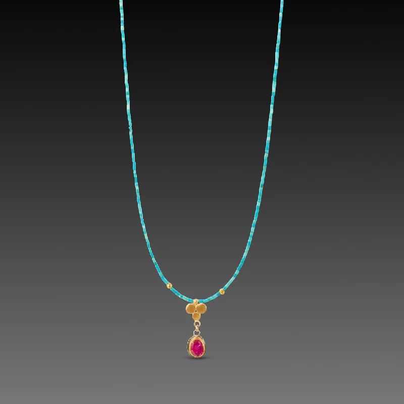 wooden pendant necklace -Ruby and Gold Trio Turquoise Necklace