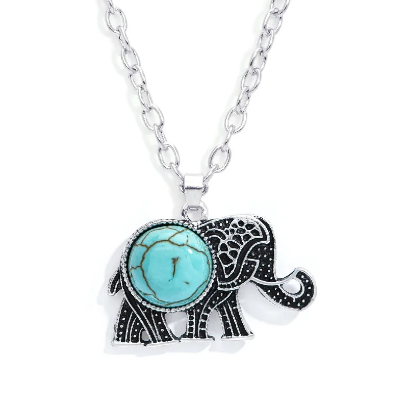 simple silver necklace -Silver Plated Simulated Turquoise Elephant Pendant