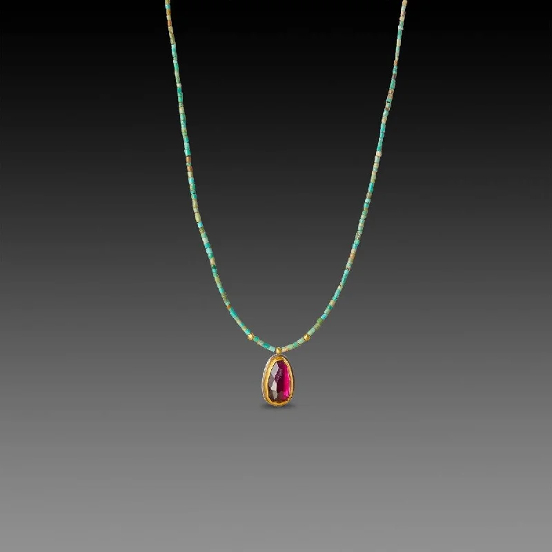 delicate gold necklace -Rhodolite Garnet and Turquoise Beaded Necklace