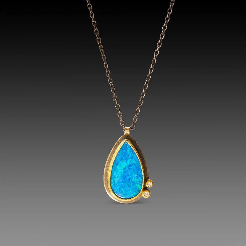 elegant crystal necklace -Teardrop Australian Opal Necklace with Diamond Dots