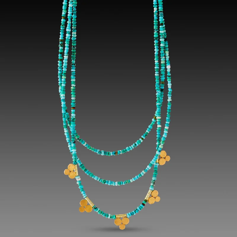 spiritual necklace -Triple Strand Turquoise Necklace with Gold Trios