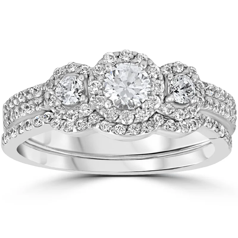 custom rings for couples-1.00CT 3-Stone Diamond Engagement Wedding Ring Set 10K White Gold