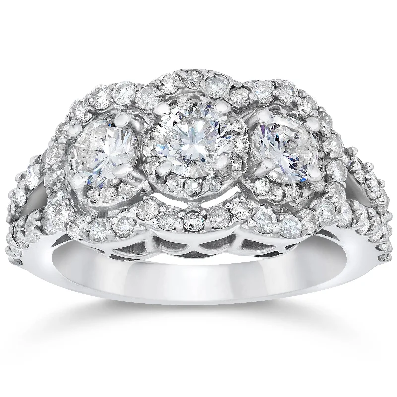 luxury engagement rings with diamonds-1 1/2ct 3 Stone Halo Genuine 3 Diamond Engagement Ring 14k White Gold