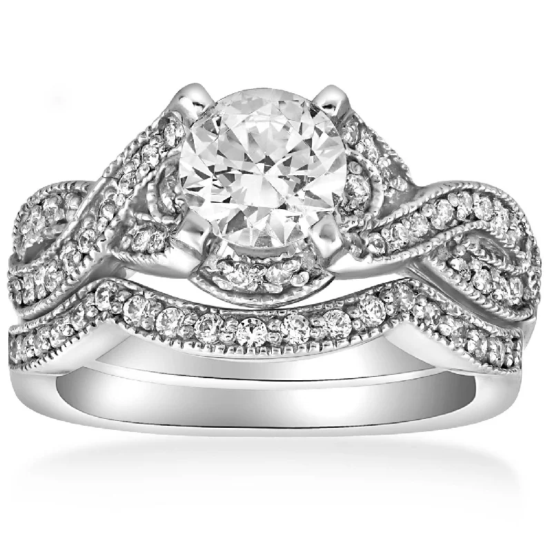 unique promise rings-1 1/2ct Infinity Vintage Diamond Engagement Ring Set 14K White Gold