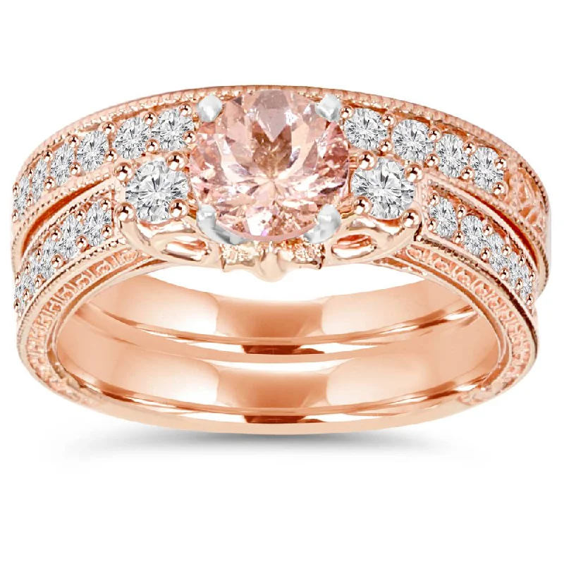 luxury rings for women-1 1/2CT Vintage Diamond & Morganite Engagement Wedding Ring Set 14K Rose Gold