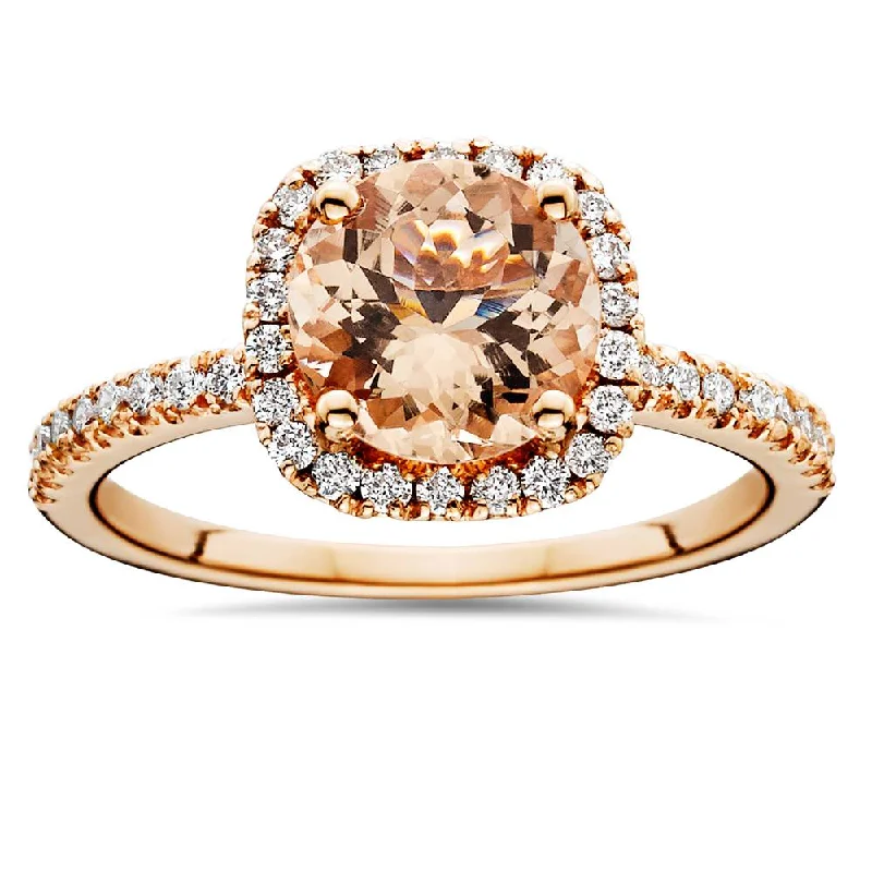 women’s silver wedding bands-1 1/4 CT Morganite & Diamond Cushion Halo Engagement Ring 14K Rose Gold