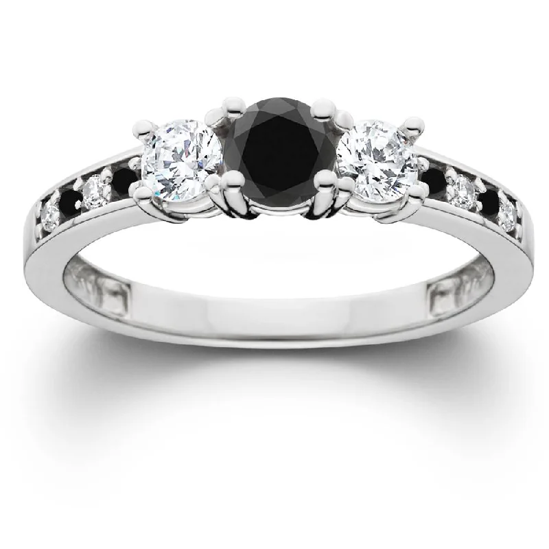 stackable rings for men-1 1/4CT Black & White Diamond Engagement 3-Stone Ring 10K White Gold