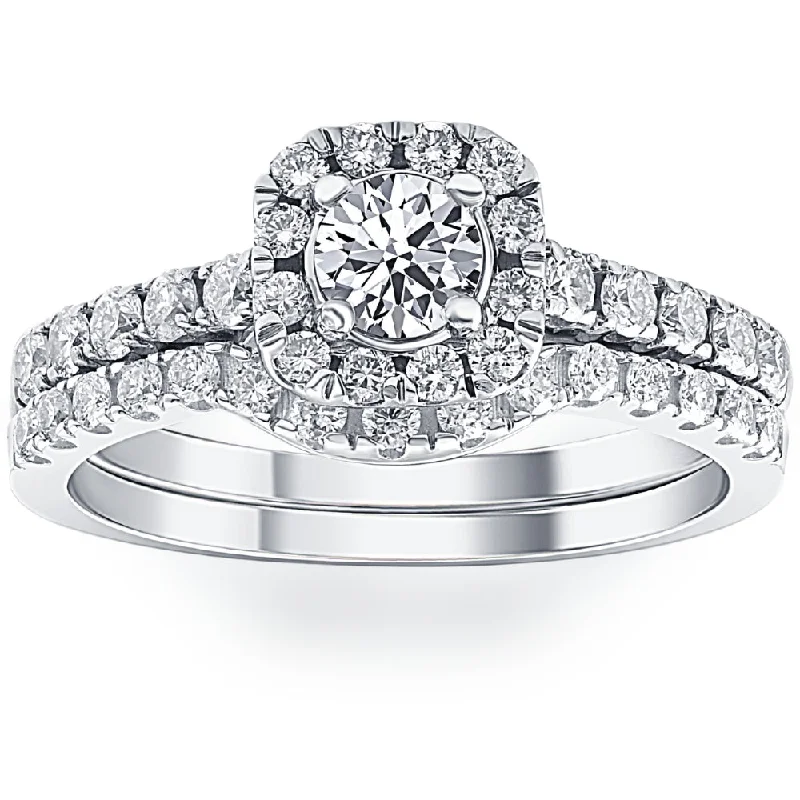 men's signet rings-1 1/4Ct Cushion Halo Diamond Engagement Matching Wedding Ring Set 14K White Gold