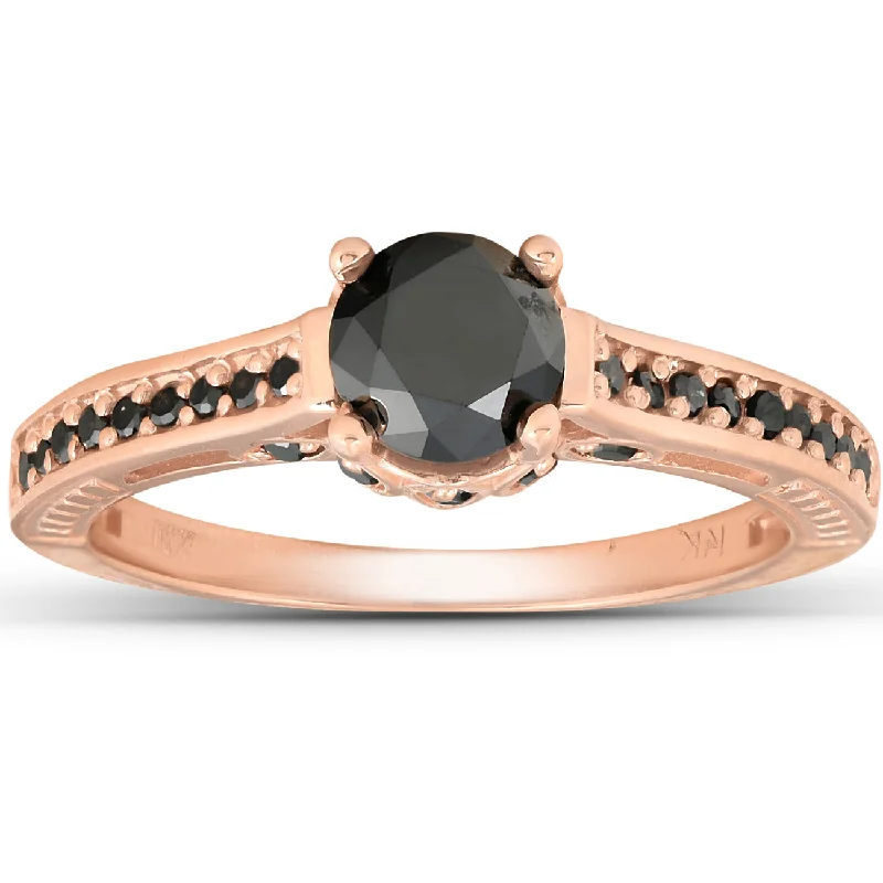 modern gold engagement rings-1 1/4ct Vintage Round Cut Black Diamond Engagement Ring 14K Rose Gold