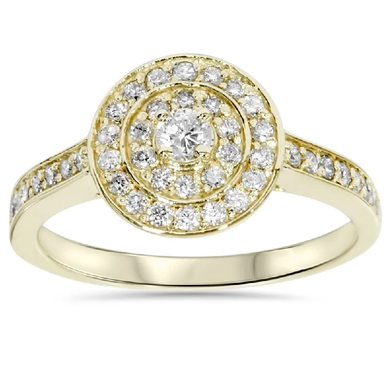 vintage gold rings for women-1/2ct Diamond Double Halo Engagement Ring 10K Yellow Gold