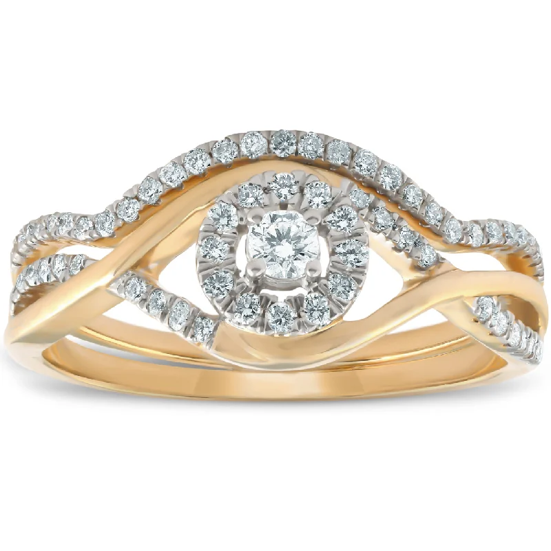 handmade engagement rings-1/2CT Diamond Engagement Wedding Ring Set Halo 10k Yellow Gold Lab Created