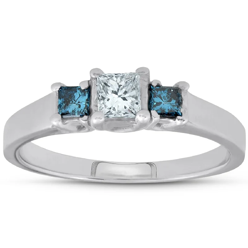 simple gold engagement rings-1/2ct Princess Cut Treated Blue & White Diamond 3-Stone Engagement Ring 14K Gold