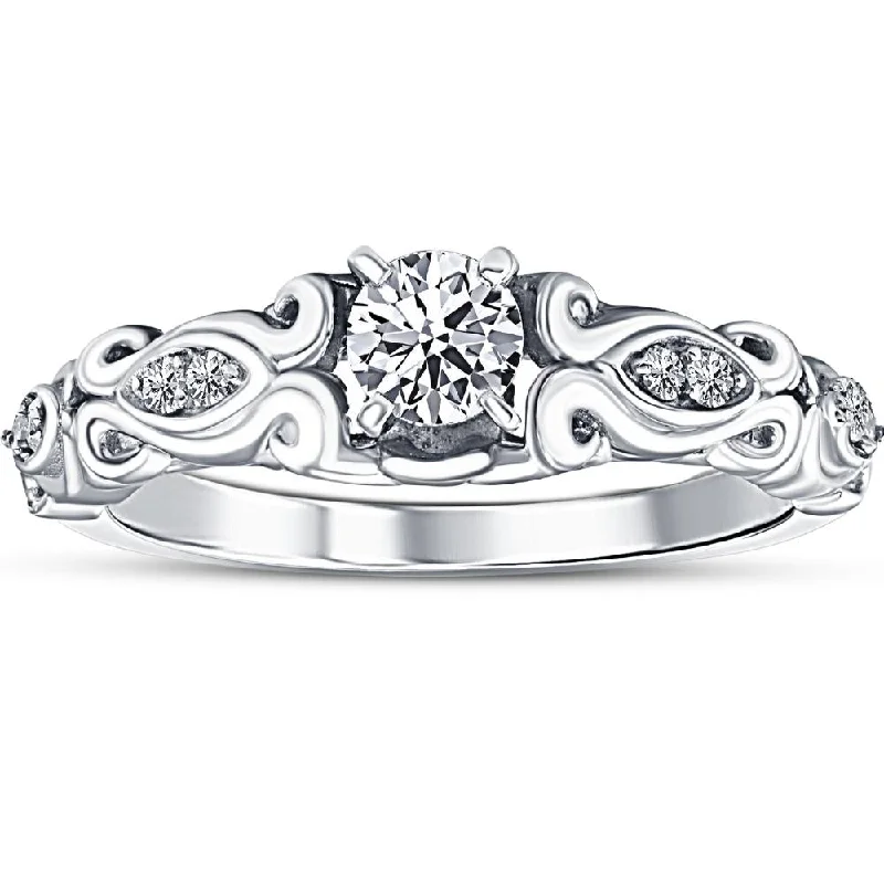 personalized name rings-1/2ct Vintage Diamond Engagement Ring 14K White Gold