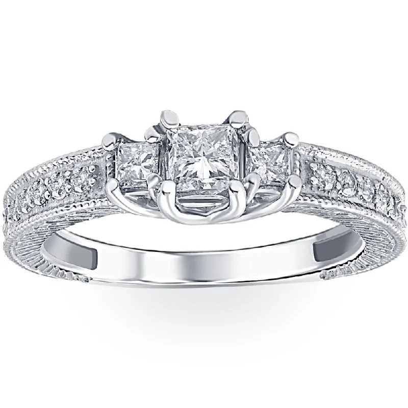 silver rings with diamonds-1/2ct Vintage Three Stone Princess Cut Diamond Engagement Ring 14K White Gold