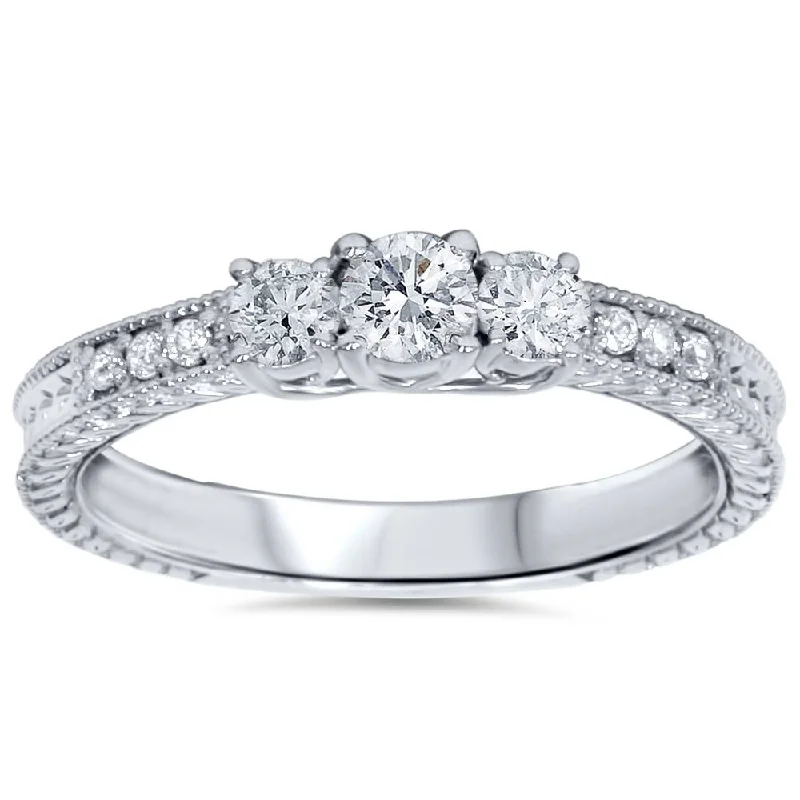 simple silver wedding bands-1/2ct Vintage Three Stone Round Diamond Engagement Ring 14K White Gold