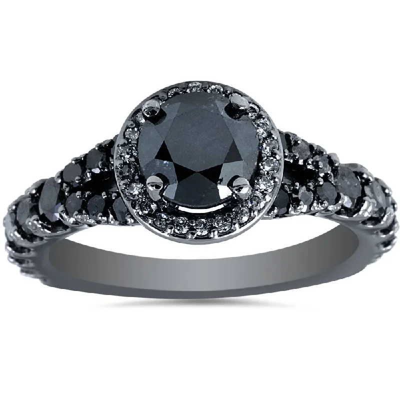 diamond wedding bands for women-1 3/8ct Treated Black Diamond Split Shank Halo Engagement Ring 14K White Gold