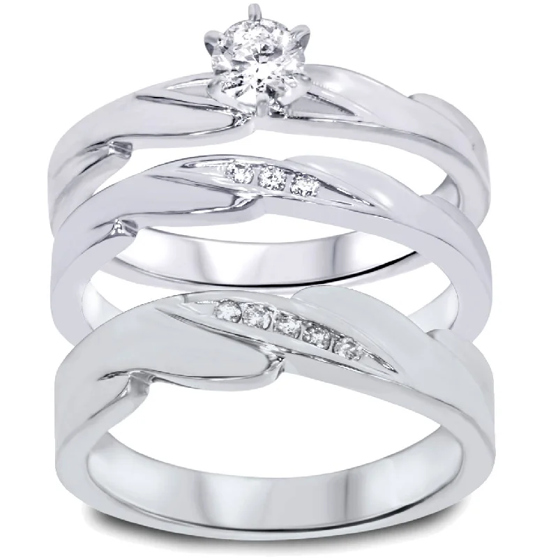 wedding rings for couples-1/3ct Diamond Engagement Wedding Ring Trio Set 10K White Gold