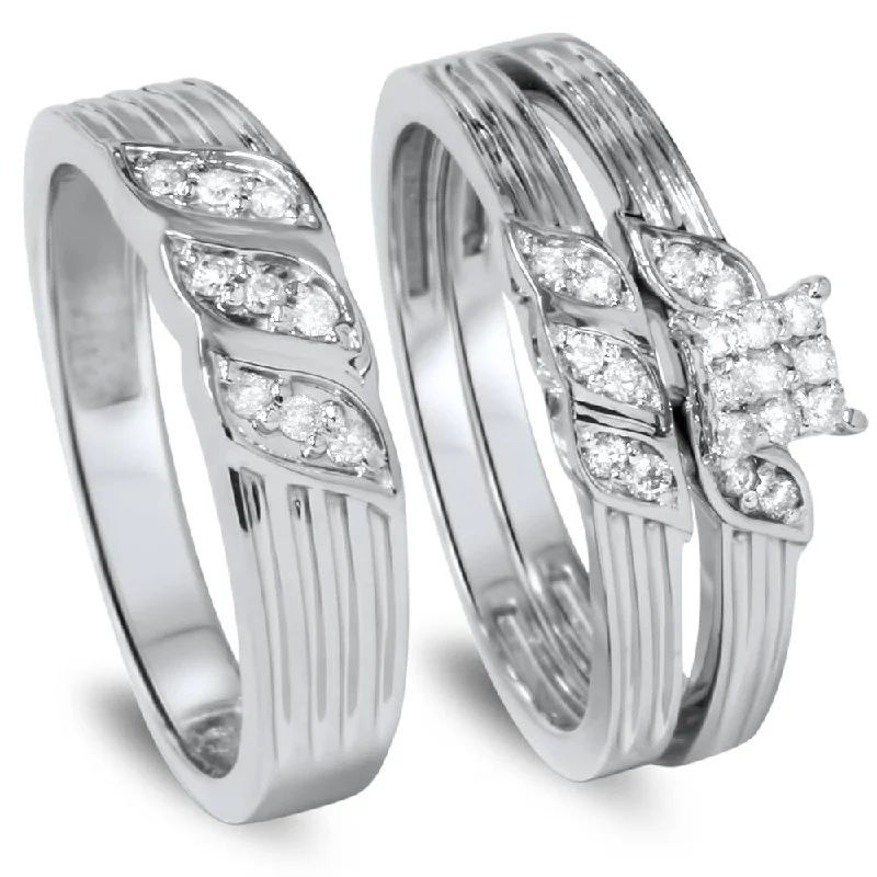 eco-friendly wedding rings-1/3ct Engagement Trio Ring Set 10K White Gold