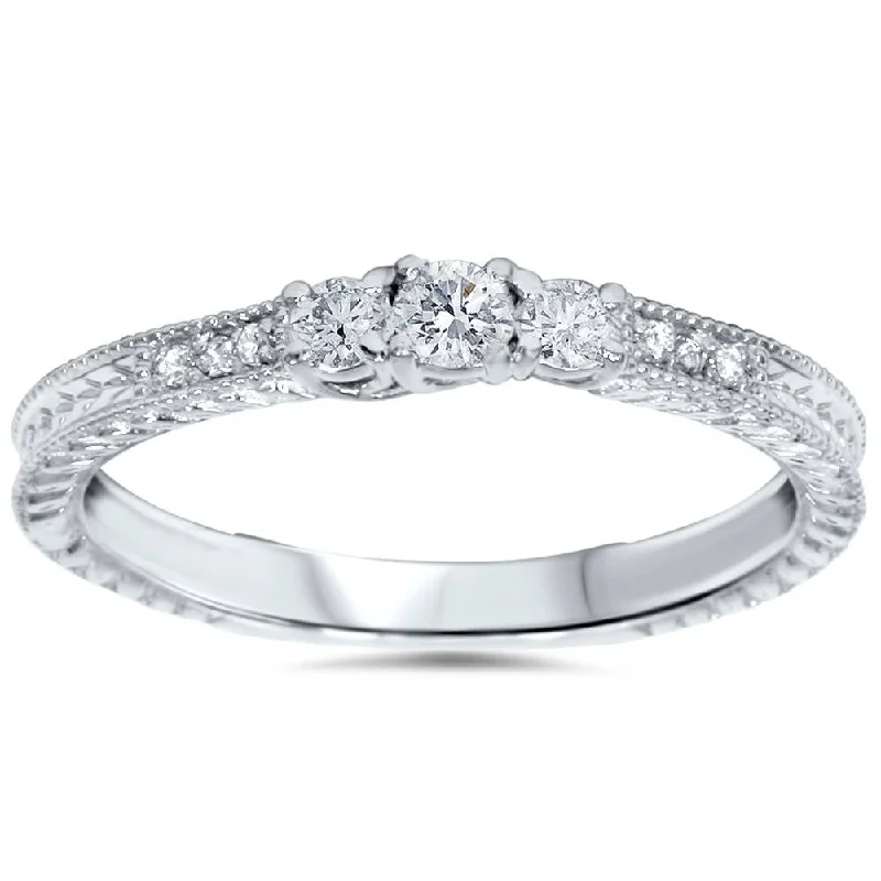 luxury wedding rings for women-1/4ct Vintage Three Stone Round Diamond Engagement Ring 14K White Gold