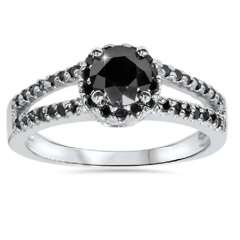 men’s diamond signet rings-1 5/8ct Black Diamond Pave Halo Engagement Ring 14K White Gold