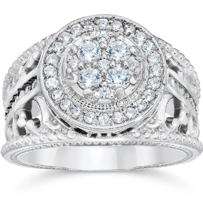 gold rings for men with diamonds-1 Carat Vintage Halo Diamond Pave Engagement Ring 10K White Gold