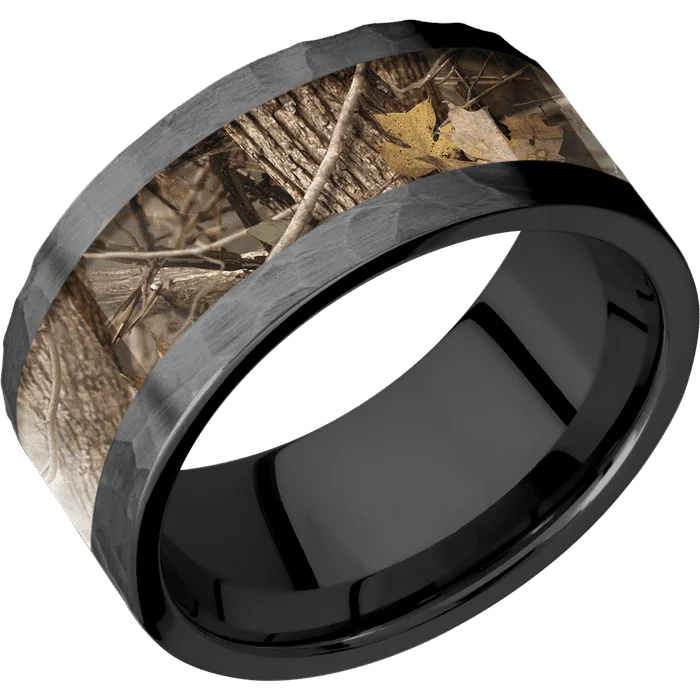 eternity rings for couples-10mm wide Flat Black Titanium Ring with Hammer Finish / One 6mm Centered Kings Woodland Camo Inlay