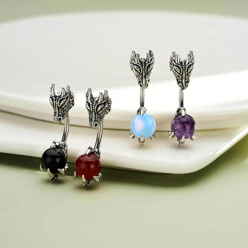 men’s wedding bands with diamonds-14G Dragon Head Natural Stone Belly Ring